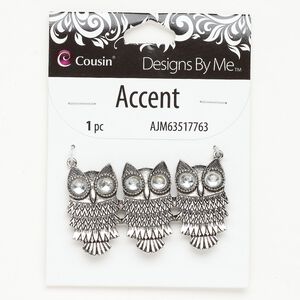 Brass / acrylic 1pkg1, owl focal antique silver-finished / clear 57x33mm