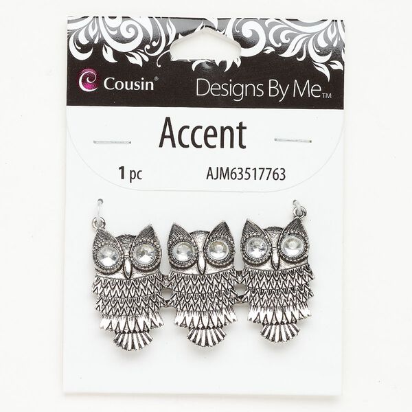 Brass / acrylic 1pkg1, owl focal antique silver-finished / clear 57x33mm image number 0