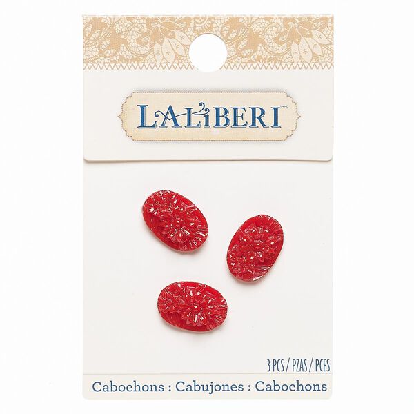 Cabochon, acrylic, red, 18x13mm non-calibrated textured oval with flower design. Sold per pkg of 3. image number 0