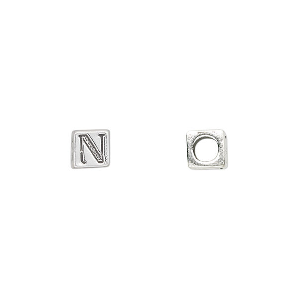 Bead, sterling silver, 5.5mm cube with alphabet letter "N." Sold individually. image number 0