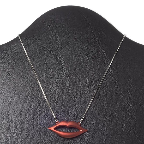 Necklace, enamel and imitation rhodium-finished "pewter" (zinc-based alloy), red, 43x20mm lips, 16 inches with 3-inch extender chain and lobster claw clasp. Sold individually. image number 0