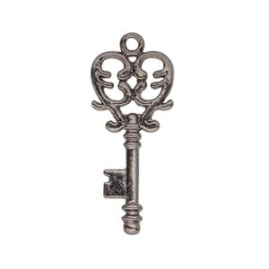 Focal, gunmetal-plated "pewter" (zinc-based alloy), 30x13.5mm double-sided key with filigree heart design. Sold per pkg of 12.