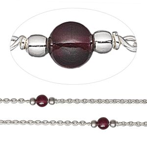 Chain 1pkg1 sterling silver / garnet (natural) beaded, 4mm, 5 foot unfinished