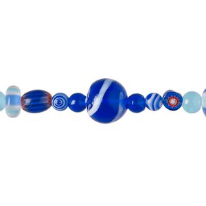 Bead mix, glass, pkg/7 inch, 4-9mm mixed shapes, translucent multi-blue.
