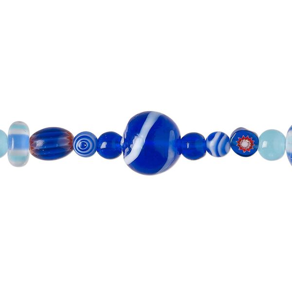 Bead mix, glass, pkg/7 inch, 4-9mm mixed shapes, translucent multi-blue. image number 0