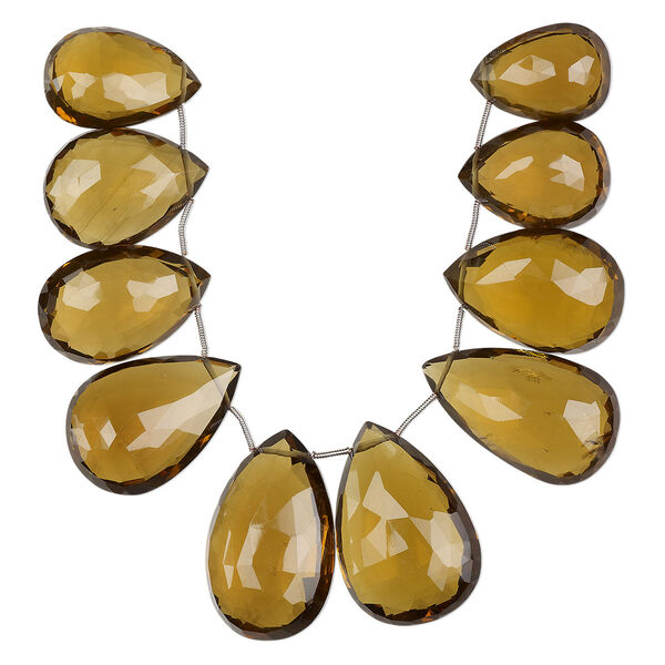 Bead, golden quartz (heated), dark, 28x20mm-43x29mm graduated hand-cut top-drilled faceted puffed teardrop, B+ grade, Mohs hardness 7. Sold per pkg of 10. image number 0