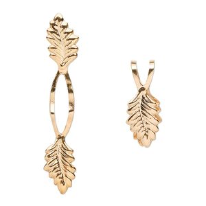 Bail, fold-over, gold-plated brass, 39x7mm Y-style with leaf and 20mm grip length. Sold per pkg of 100.