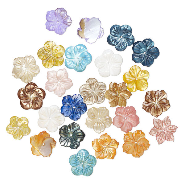 Bead / focal / component mix, mother-of-pearl shell (natural / bleached / dyed / coated), mixed colors, 9-19mm top- / center- / undrilled carved flower, Mohs hardness 3-1/2. Sold per pkg of 25. image number 0