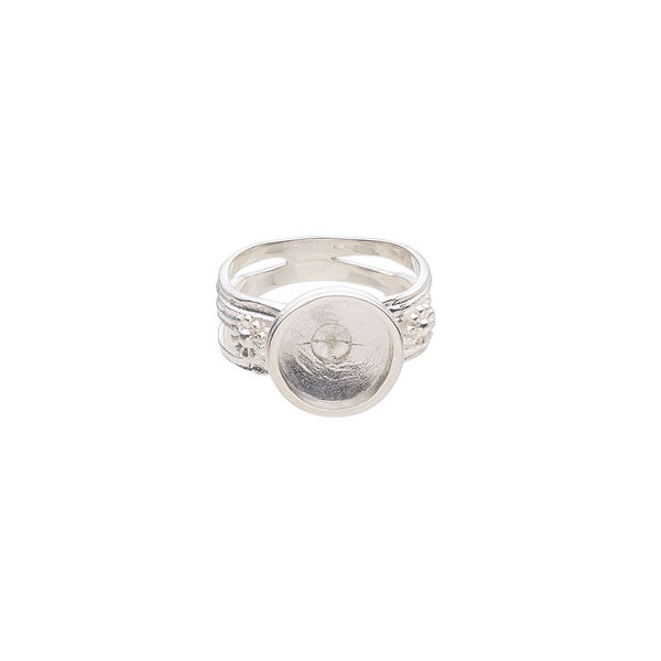 Ring, sterling silver, 9mm band with flower design and 13mm cup with 3mm peg, fits 10-12mm half-drilled round bead, size 7. Sold individually. image number 0