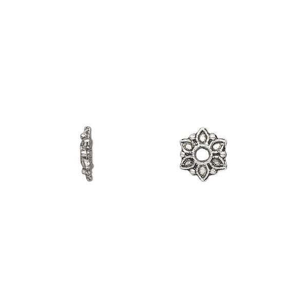Bead, antique silver-plated "pewter" (zinc-based alloy), 7x2mm single-sided flower rondelle. Sold per pkg of 100. image number 0