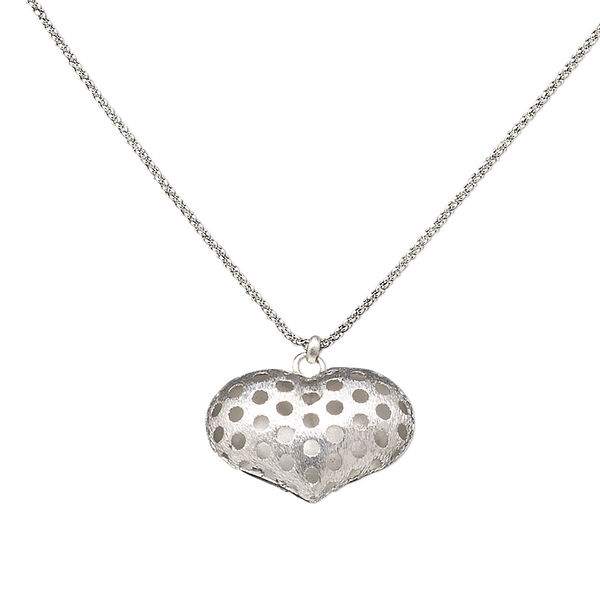 Necklace, imitation rhodium-finished steel / brass / "pewter" (zinc-based alloy), 30x22mm double-sided brushed heart with circle cutout and star design, 16 inches with 3-inch extender chain and lobster claw clasp. Sold individually. image number 0