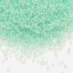 Seed bead, Miyuki, glass, pkg/250g, #15 rocaille, translucent light mint green-lined rainbow crystal clear (RR-271).