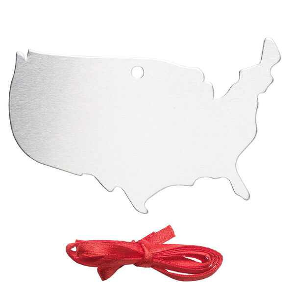 Ornament, ImpressArt®, aluminum and polyester, 1-7/8 x3 inch USA map with ribbon. Sold per pkg of 3. image number 0
