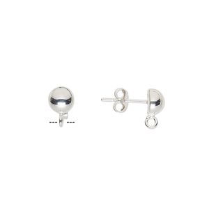 Earstud 1pkg2 sterling silver, 6mm half-ball / open loop / earnuts, 1 pair