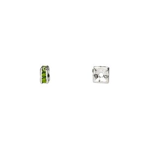 Bead, glass rhinestone and silver-plated brass, peridot green, 4x2mm squaredelle. Sold per pkg of 10.