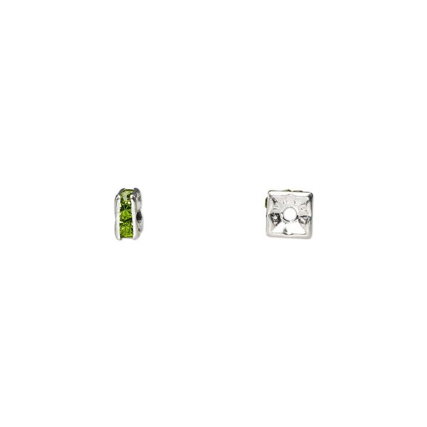 Bead, glass rhinestone and silver-plated brass, peridot green, 4x2mm squaredelle. Sold per pkg of 10. image number 0