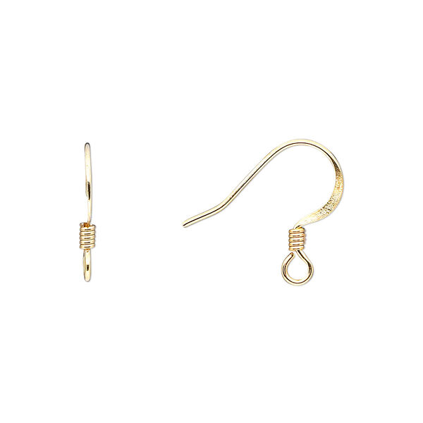 Ear wire, gold-finished stainless steel and brass, 15mm flat fishhook with 3mm coil and open loop, 21 gauge. Sold per pkg of 50 pairs. image number 0