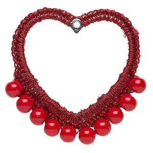 Focal, glass / nylon / steel, dark red, 50x49mm-52x49mm beaded open heart. Sold per pkg of 2.