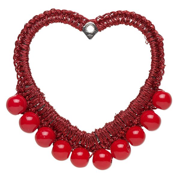 Focal, glass / nylon / steel, dark red, 50x49mm-52x49mm beaded open heart. Sold per pkg of 2. image number 0
