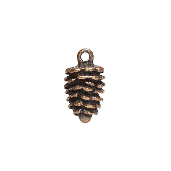 Charm, antique copper-finished "pewter" (zinc-based alloy), 16x10mm 3D pinecone. Sold per pkg of 4. image number 0