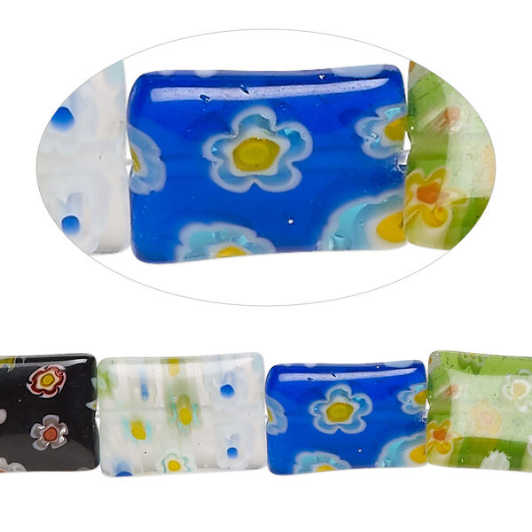 Bead, millefiori glass, translucent and transparent multicolored, 14x10mm puffed rectangle with 0.6-0.8mm hole. Sold per 15-inch strand. image number 0