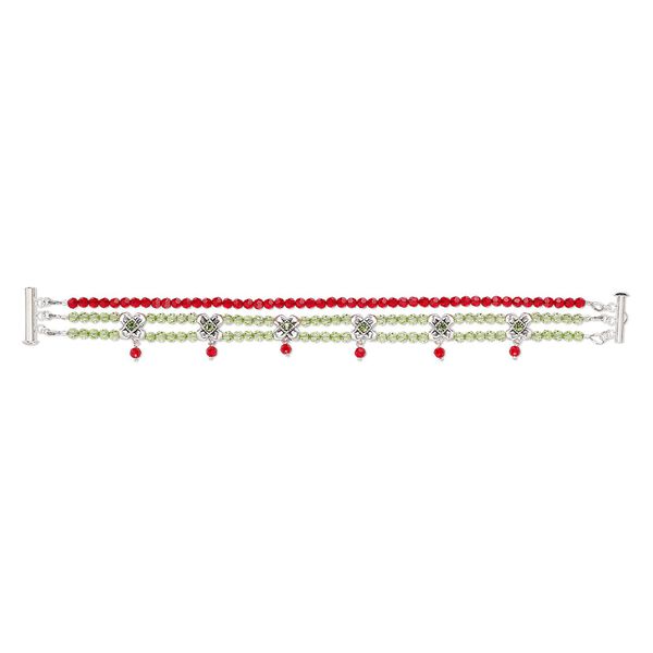 Bracelet, One of a Kind Jewelry, crystal / glass rhinestone / antique silver-finished "pewter" (zinc-based alloy), red and green, 7-1/2 inches with slide lock clasp. Only one available. image number 0