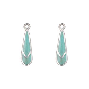 Drop, sterling silver and "turquoise" (imitation) resin, 17x6mm inlaid teardrop. Sold per pkg of 2.