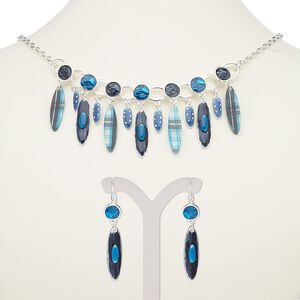 Necklace and earring set, enamel / resin / silver-plated steel / "pewter" (zinc-based alloy), multicolored, ellipse, 18-inch necklace with 2-inch extender chain and lobster claw clasp, 45mm earrings with leverback. Sold per set.