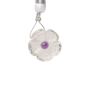 Quartz crystal / amethyst 1pkg1, top-drilled hand-cut 1sided carved flower bead natural, 16mm