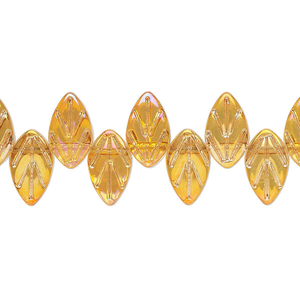 Bead, glass, translucent orange AB, 11x6.5mm top-drilled leaf. Sold per 15-1/2" to 16" strand. image number 0