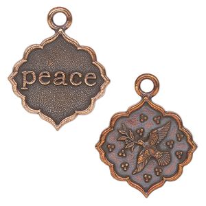 Drop, TierraCast®, antique copper-plated pewter, 24.5mm 2-sided scalloped diamond with dove and "peace." Sold per pkg of 10.