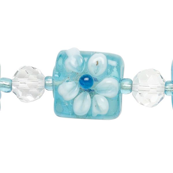 Bead, lampworked glass, turquoise blue / clear / white, 8mm faceted round and 17mm double-sided flat square with raised flower. Sold per 7-inch strand. image number 0