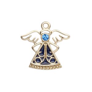 Charm, enamel / crystals / gold-finished "pewter" (zinc-based alloy), sapphire and dark blue, 24x19mm single-sided angel. Sold individually.