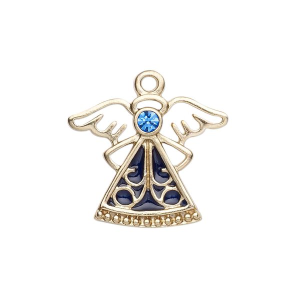 Charm, enamel / crystals / gold-finished "pewter" (zinc-based alloy), sapphire and dark blue, 24x19mm single-sided angel. Sold individually. image number 0