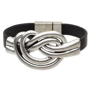 Bracelet, leather (dyed) and antique silver-plated "pewter" (zinc-based alloy), black, 9mm wide with 61x35mm double knot, 6-1/2 inches with magnetic clasp. Sold individually.