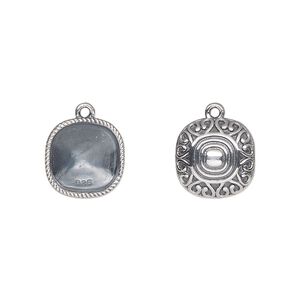 Drop, Almost Instant Jewelry®, antiqued sterling silver, 12mm rounded square with 10mm cushion setting and decorative back with rope rim. Sold individually.