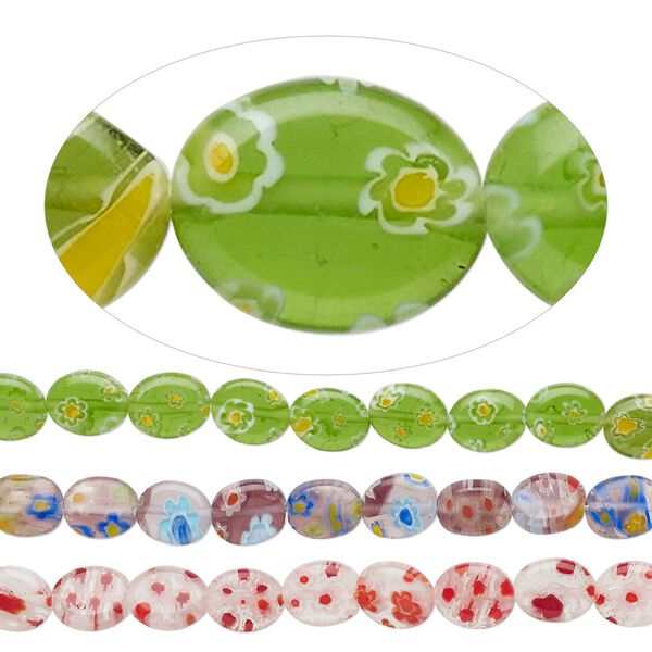 Bead, millefiori glass, translucent multicolored, 10x8mm puffed oval with flower design. Sold per pkg of (3) 14-inch strands. image number 0