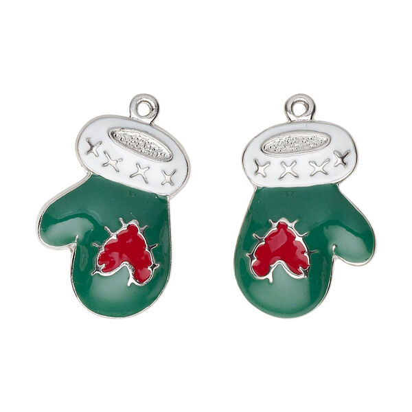 Charm, imitation rhodium-plated "pewter" (zinc-based alloy) and enamel, green / white / red, 21x15mm left- and right-facing single-sided mitten with heart. Sold per pair. image number 0