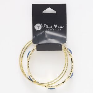 Bracelet mix, bangle, gold-finished "pewter" (zinc-based alloy) / steel / acrylic, blue, 2mm and 13mm wide, 7-1/2 to 8 inches. Sold per pkg of 3.