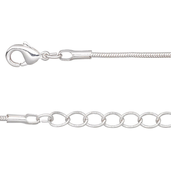 Chain, silver-plated brass, 1.5mm snake, 18 inches with 1-inch extender chain and lobster claw clasp. Sold per pkg of 4. image number 0