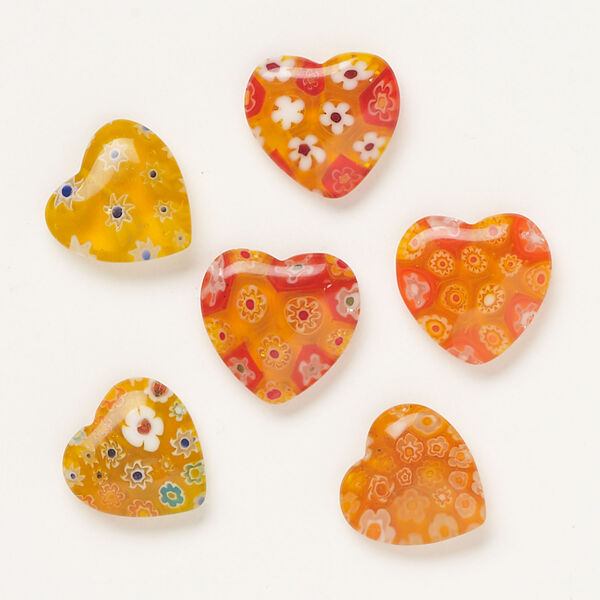 Bead, millefiori glass, translucent orange and multicolored, 17-20mm half-drilled puffed heart. Sold per pkg of 6. image number 0