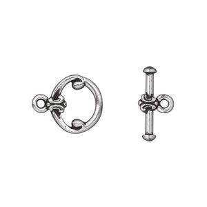 Clasp toggle 1pkg1 silver-plated pewter (tin alloy), 12mm fancy round, antique TierraCast® 1-strand