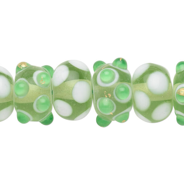 Bead, lampworked glass, green / white / clear, 14x10mm rondelle. Sold per pkg of 20. image number 0