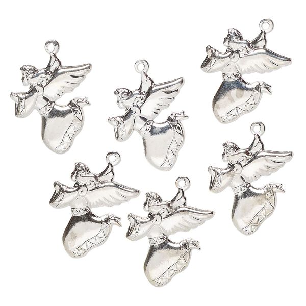 Charm, steel, pkg/6, 25x15mm-26x16mm angel, silver finish. image number 0