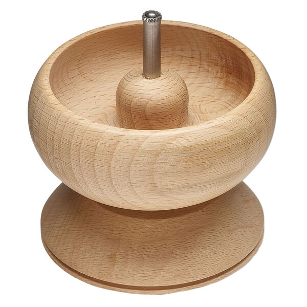 Tool, Beadalon&reg; Spin-n-Bead&trade; Jr 1pkg1, wood and antiqued silver-finished steel, 3.5 inches overall bead loader, 0.75 inches bowl depth, includes curved big-eye needle. image number 0