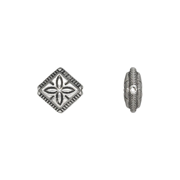 Bead, antique silver-plated "pewter" (zinc-based alloy), 11mm double-sided diamond with flower design. Sold per pkg of 50. image number 0