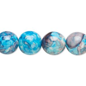 Bead, resin and painted ceramic, blue / white / grey, 12mm round. Sold per 15" to 16" strand.