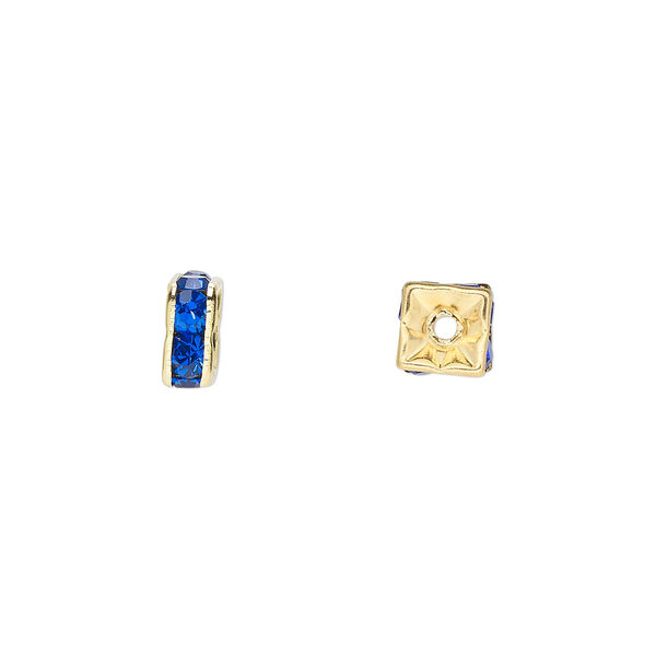 Bead, glass rhinestone and gold-finished brass, sapphire blue, 6x3mm squaredelle. Sold per pkg of 10. image number 0