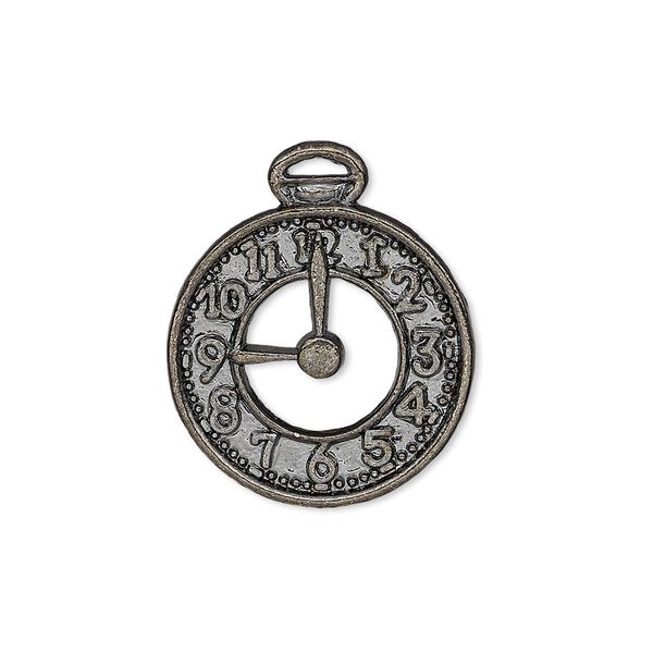 Charm, gunmetal-plated "pewter" (zinc-based alloy), 25x21mm single-sided pocket watch face. Sold per pkg of 10. image number 0