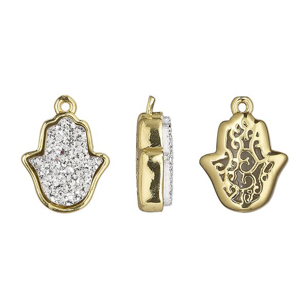 Drop, Druzylite™, "druzy" (resin) and gold-finished brass, silver, 14x12.5mm two-sided Hamsa hand with open filigree back. Sold per pkg of 4. image number 0